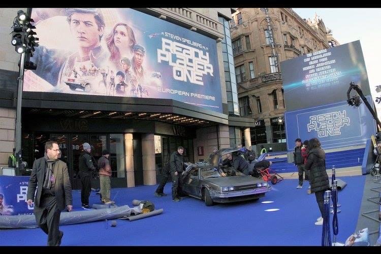 BTTF Car DeLorean Time Machine in Leicester Square for the set up of The Ready Player One European Premiere 