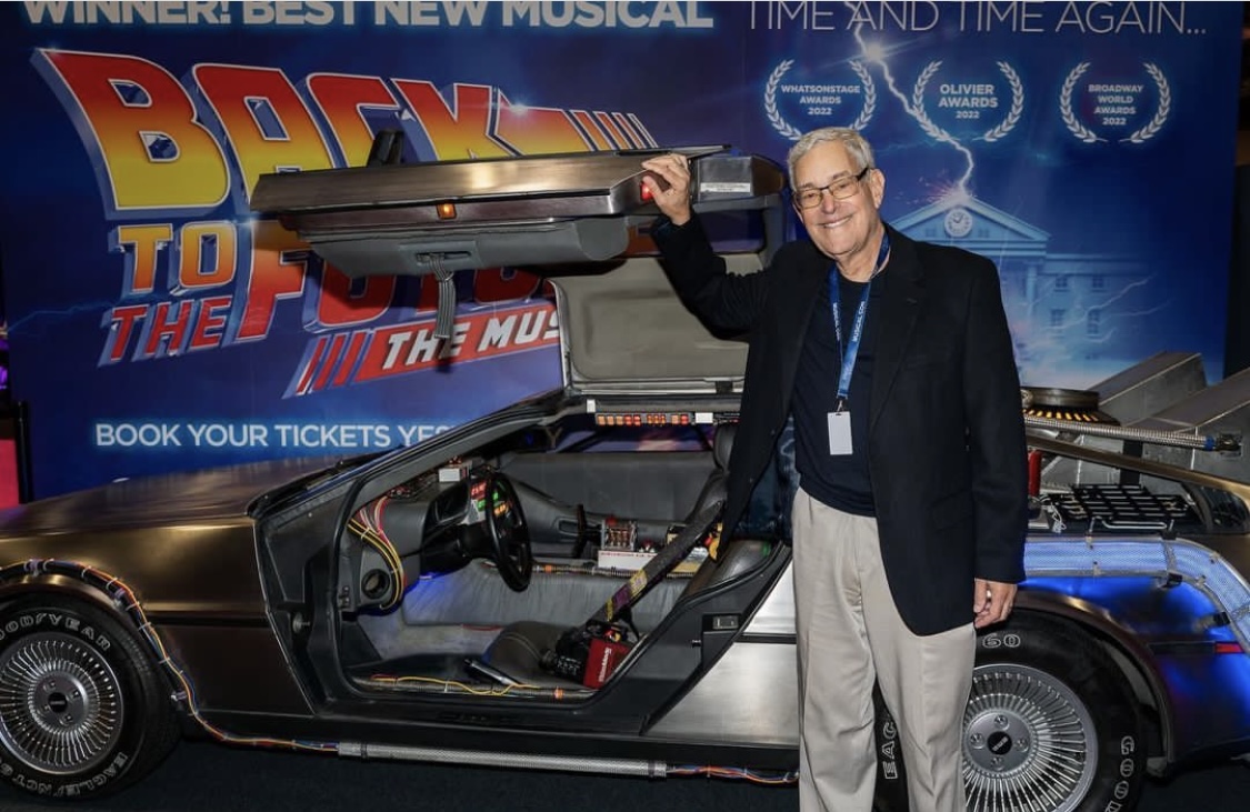 Bob Gale and the BTTF Car DeLorean Time Machine At the Musical Con 2022 held at the Excel London