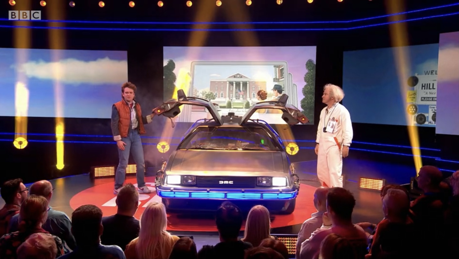 BTTF Car along side the Back to the Future the Musical on Sports Relief 2020 Live on BBC 1