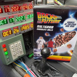 Back to the Future breakfast Cereal at B&M Home Store BTTF Car DeLorean Time Machine Hire inside car cereal box