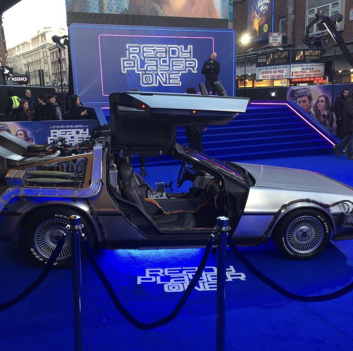 BTTF Car DeLorean Time Machine ready with Alex Zane at the European Premiere of Ready Player One in London