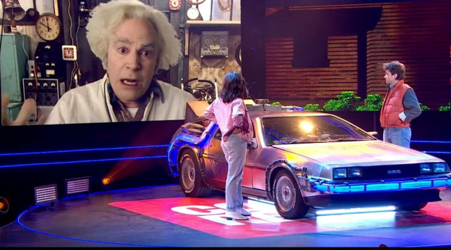 BTTF Car DeLorean Time Machine Hire on Comic Relief 2021 With The Back to the Future The Musical
