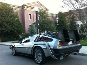 BTTF Car DeLorean Hire on location at Universal Studios Hollywood Clock Tower from Back to the Future